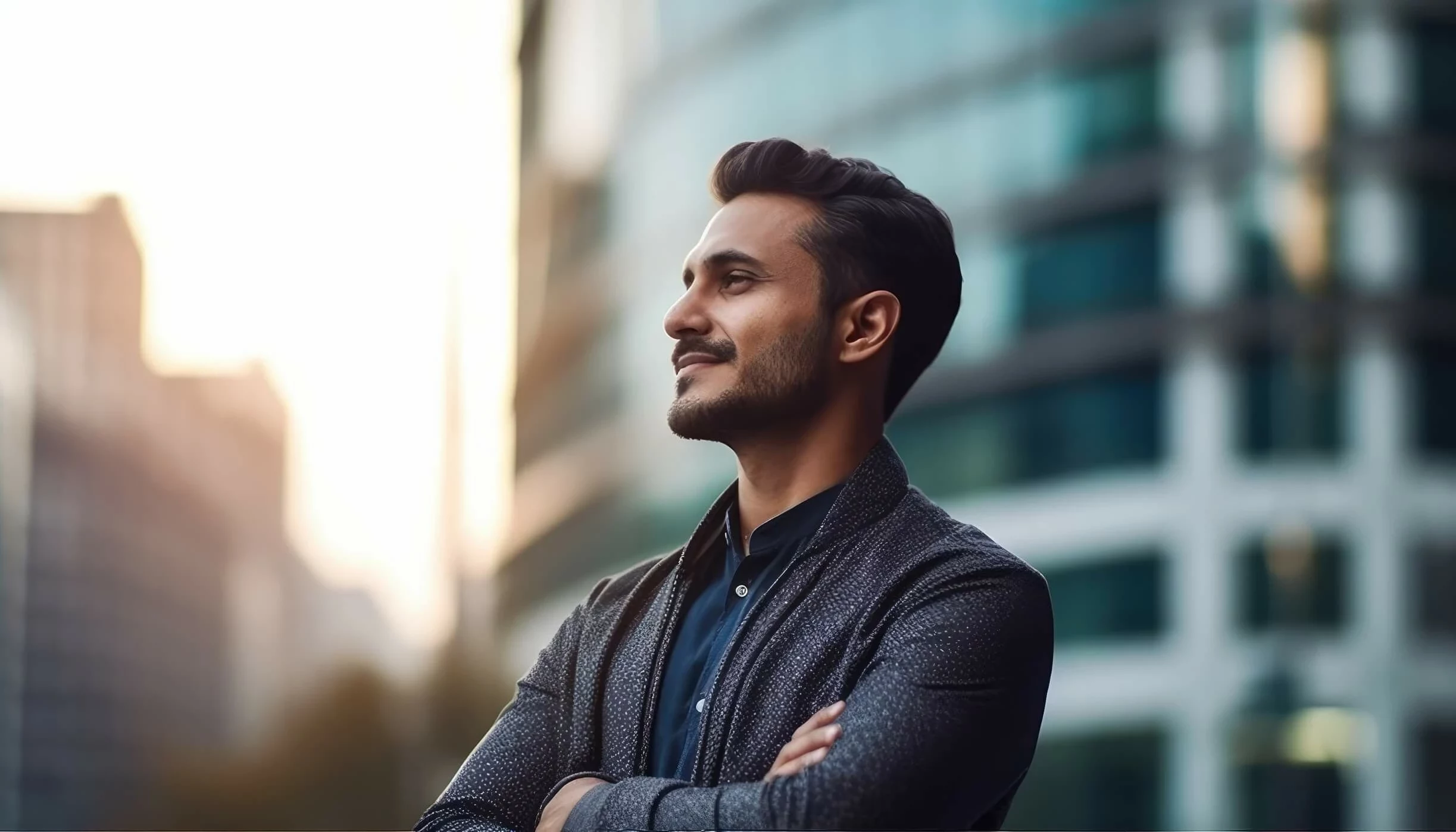 Homem em primeiro plano com um predio ao fundo.