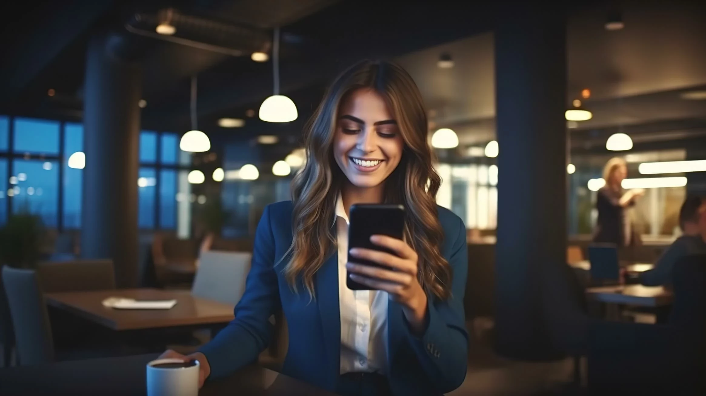 Mulher em primeiro plano utilizando um celular.